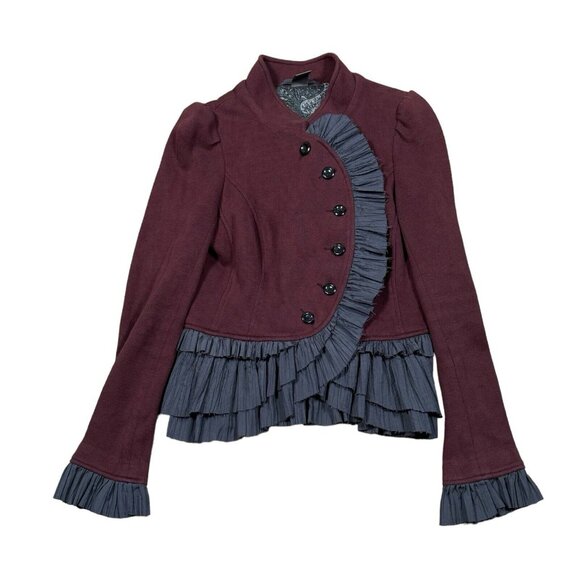 Free People Jackets & Blazers - Free People Boho Jacket Women’s Sz 6 Military Ruffles Blazer Burgundy Gray